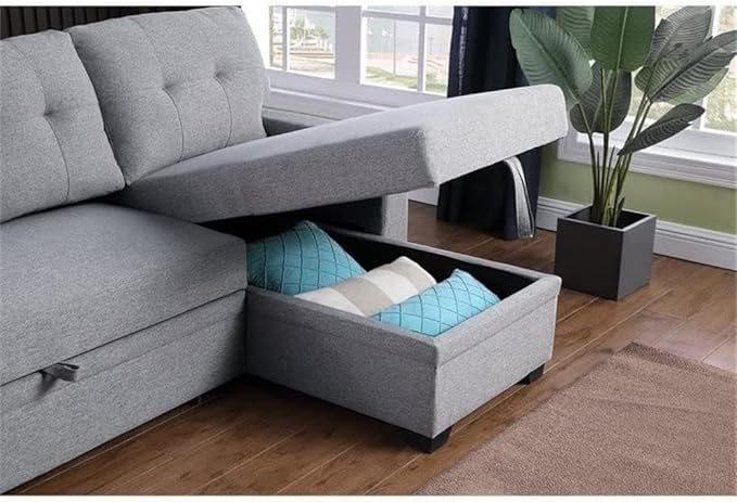 Devion Furniture L-Shaped Polyester Fabric Reversible Easy Convertible Pull-Out Sleeper Sectional Sofa/Storage Chaise with Tufted Back Cushions and Track Arms in Light Gray