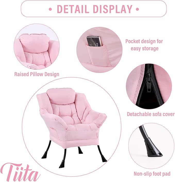 Tiita Lazy Chair Pink Modern Large Accent Armchair Comfy Leisure Sofa Reading Chair for Bedroom Living Room Dorm Rooms Garden and Courtyard Pink
