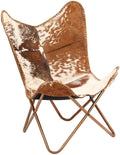 Shy Shy Let’s Touch The Sky Home Decor Genuine Goat Leather Butterfly Arm Chair with Black/Brown White Hair on Cowhide Accent Chair (White and Brown with Rose Gold)