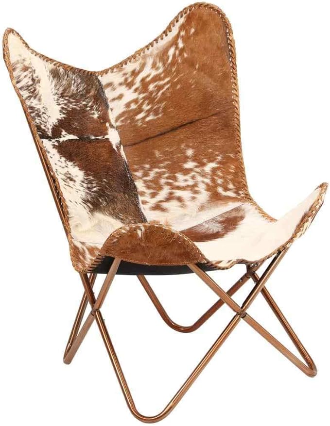 Shy Shy Let’s Touch The Sky Home Decor Genuine Goat Leather Butterfly Arm Chair with Black/Brown White Hair on Cowhide Accent Chair (White and Brown with Rose Gold)
