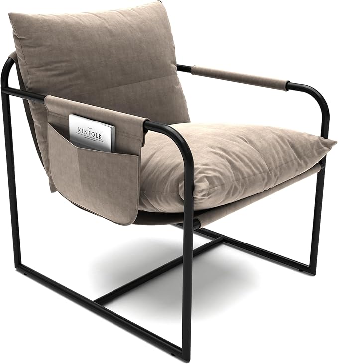 HOMMPA Sling Accent Chair Modern Living Room Chair Metal Frame Armchair with Storage Bag Grey