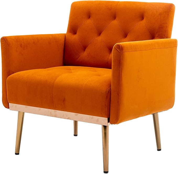 Modern Accent Chair Upholstered Single Sofa Arm Chair for Living Room and Bedroom Upholstered Comfy Armchair Chair with Solid Tapered Metal Legs (Orange)