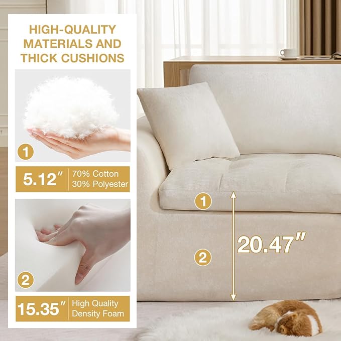 110 Cloud Sectional Couch for Living Room Upholstered L-Shape Modular Sofa with Movable Ottoman 3-Seater Deep-Seat Foam Couch Comfortable Convertible Sectional for Home &amp Apartment（Beige）