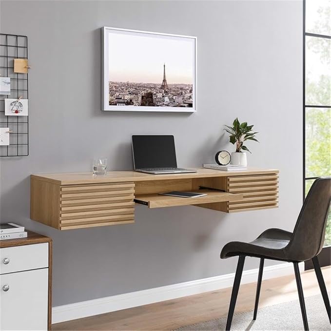Modway Render Wall Mount Particleboard and Wood Office Desk in Oak