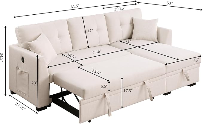 Convertible L-Shape Sofa Bed with Storage Space-Saving Features Pull-Out Sleeper and Charging Ports for Apartment Living Room and Office White