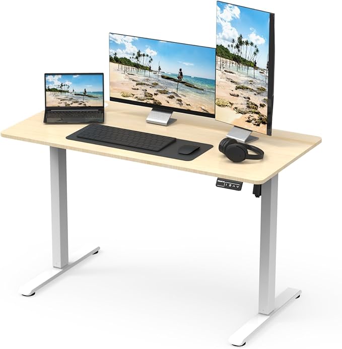 Mount-It! Maple Standing Desk 48x24 – Electric Height Adjustable Sit to Stand Desk with Memory Presets Ergonomic Workstation for Home Office or Study White Frame with Maple Splice Board Top