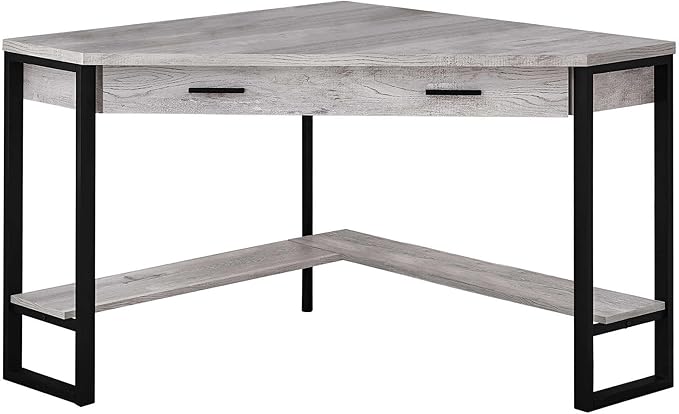 Pemberly Row Corner Computer Desk 42 in Reclaimed Wood Gray and Black Finish Metal Frame 1 Drawer and Bottom Shelf Traditional Style Home Office Writing Desk for Laptop/Tablet Workstation Use