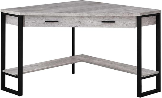 Pemberly Row Corner Computer Desk 42 in Reclaimed Wood Gray and Black Finish Metal Frame 1 Drawer and Bottom Shelf Traditional Style Home Office Writing Desk for Laptop/Tablet Workstation Use