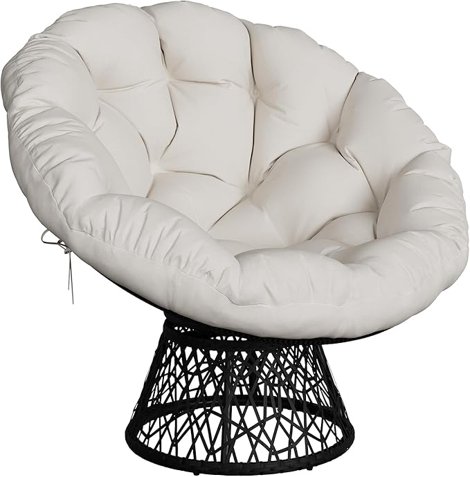 Papasan Chair 37 Ergonomic Wicker Papasan Chair with Extra-Thick Soft Fabric Cushion Heavy-Duty Steel Frame 360° Swivel Base for Living Room Bedroom &amp Reading Nook – White - Black Stand