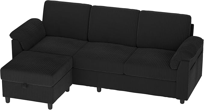 Vongrasig 79 Convertible Sectional Couch Sofa with Storage Ottoman 3 Seat L Shaped Couch with Side Storage Pockage Small Couches for Living Room Apartment and Small Space Black