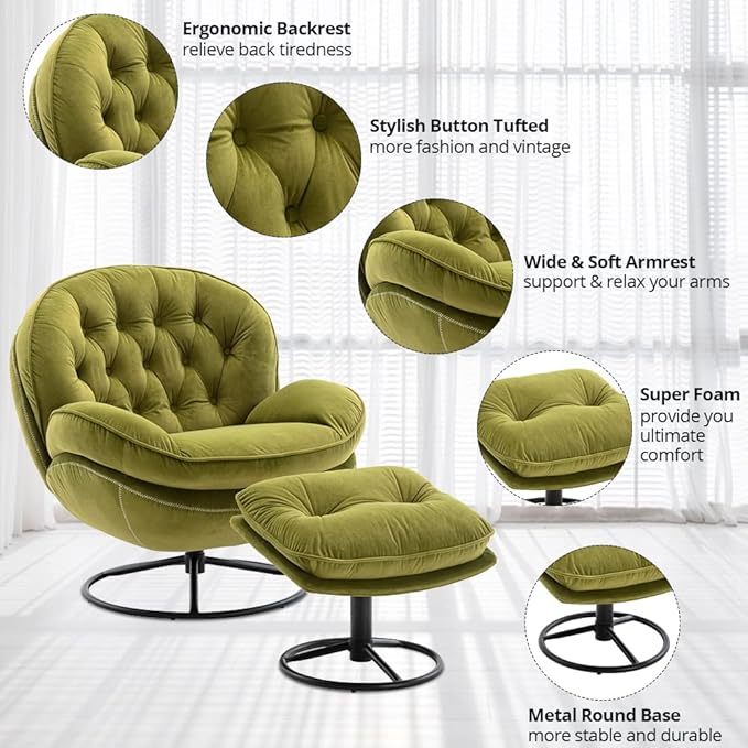 Velvet Swivel Accent Chair with Ottoman Set Modern Lounge Chair with Metal Base Frame &amp Footrest Comfy Single Leisure Sofa Chair Reading Chair with 360 Degree Swiveling for Living Room Fruit Gr