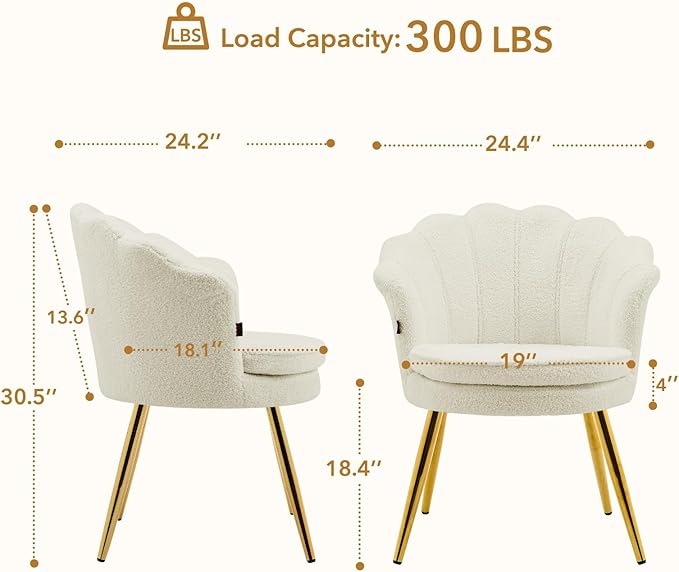 Furniliving Sherpa Vanity Chair Shell Accent Chair for Living Room Upholstered Accent Chair with Gold Metal Legs Makeup Chair for Vanity Armchair Guest Chairs Side Chair for Bedroom (White 2)