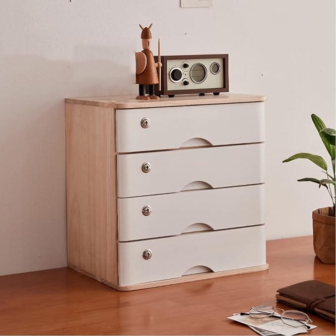 Desktop Storage Box With Drawers - With Lock Solid Wood File Cabinet Storage Wooden Storage Box Solid Wood Desk Organizers Drawer for Office Supplies for Cosmetics/Books/Children's Toys(A4 drawer)
