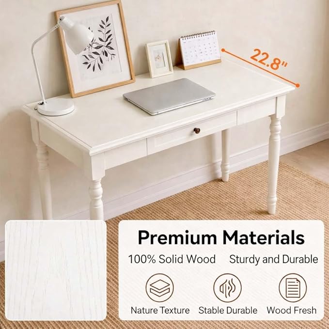 35” White Solid Wood Writing Desk with Drawers Farmhouse Computer Desk with File Storage Ideal for Home Office Bedroom or Study Room
