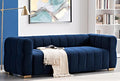 Art Deco Velvet Sofa with Tufted Low Back Design Sophisticated 3 Seater Couch for Living Rooms 89 Inch Wide Easy Assembly Blue