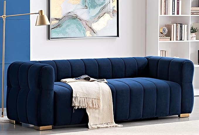 Art Deco Velvet Sofa with Tufted Low Back Design Sophisticated 3 Seater Couch for Living Rooms 89 Inch Wide Easy Assembly Blue