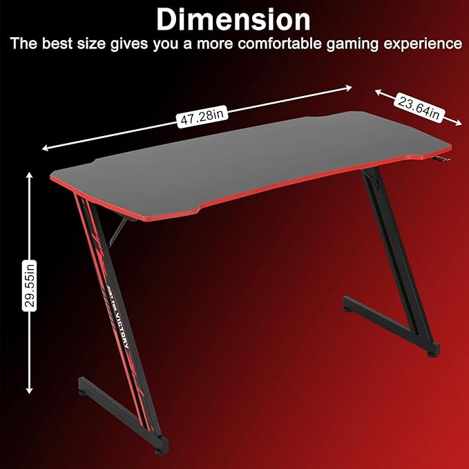 47 Inch Modern Gaming Desk for Home Office Z Shaped Computer Desk for Teen Large PC Gaming Table Adjustable Feet with Headphone Hook &amp PVC SurfaceRed