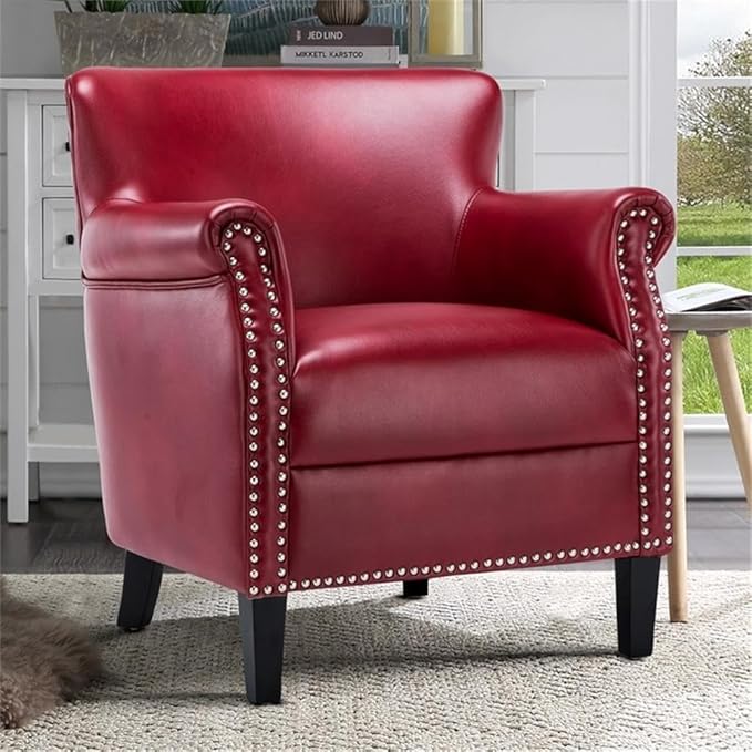 Pemberly Row Red Faux Leather Club Chair Nailhead Trim Upholstered Leather Gel Solid Wood Legs No Sag Springs 2.2 Density Foam Living Room Accent Chair Comfortable Indoor Seating