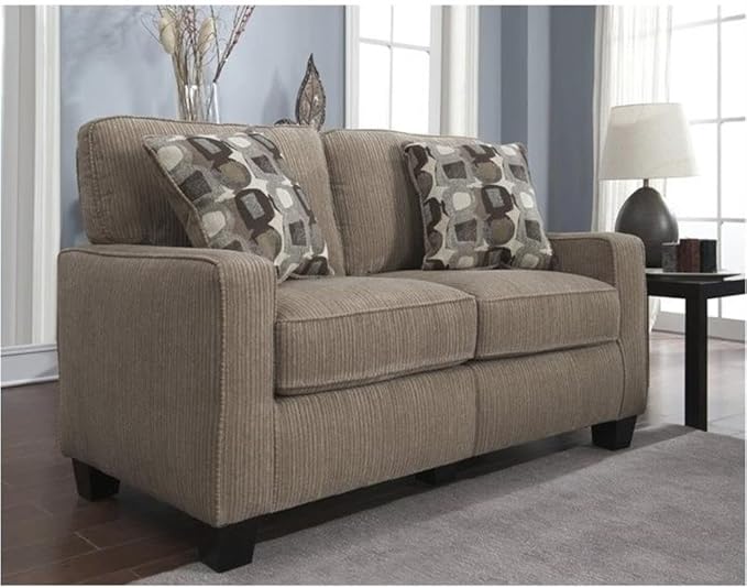 Pemberly Row Modern Fabric Loveseat Flagstone Beige Finish 61 in Wide Durable Polyester Rounded Arms Memory Foam Cushions Tool-Free Assembly Cozy Living Room or Small Space Seating