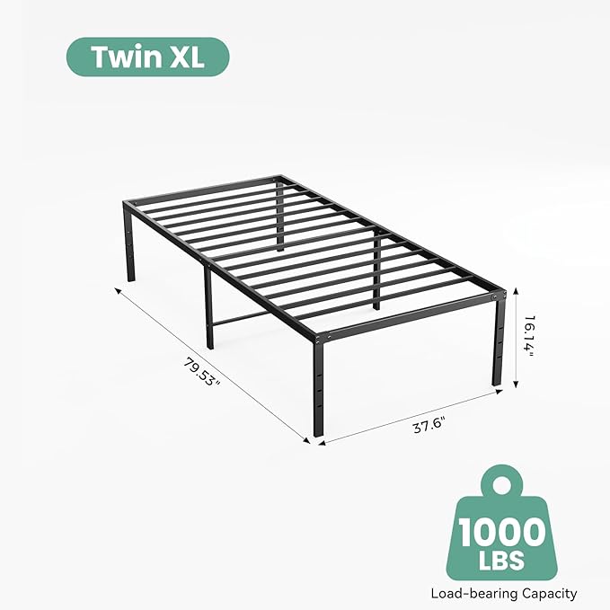 Sweetcrispy Twin XL Size 16 Inch Platform Bed Frame Heavy Duty Metal Foundation Frame Noise-Free Sturdy Steel Slats Underbed Storage No Box Spring Needed Quick Setup