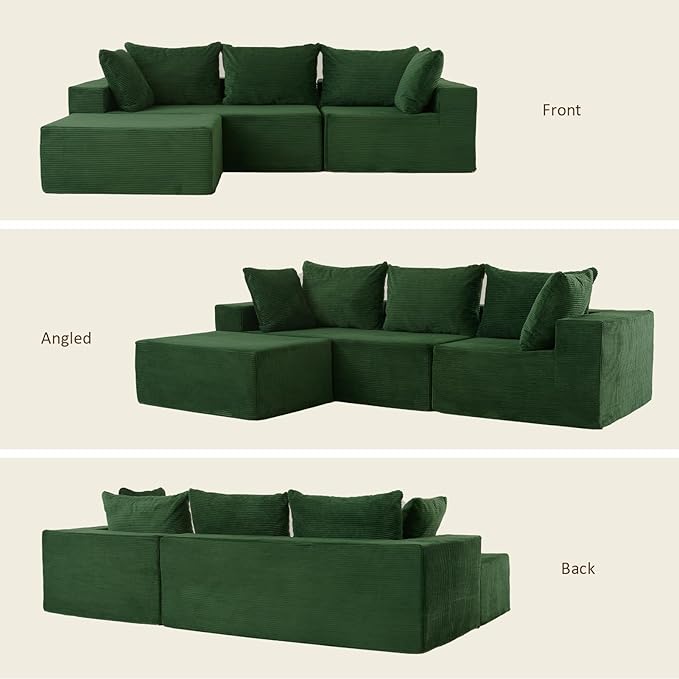 INGEROOM 108 Cloud Sectional Couch with L-Shape Chaise Modular Sofa Memory Foam Boneless Sofa with Movable Ottoman Plush Corduroy Memory Foam Couch for Living Room No Assembly Forest Green