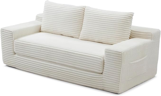 73 Memory Foam Cloud Loveseat Sofa 2 in 1 Convertible Folding Couch Bed Compressed Corduroy Floor Lounge Sofa No Assembly for Apartment Office Bedroom Living Room (Beige)