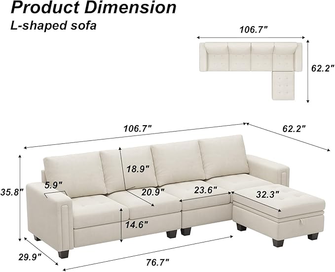 Belffin Velvet Reversible Sectional Sofa with Chasie Convertible L Shaped 4-seat Sectional Couch with Storage Ottoman Beige