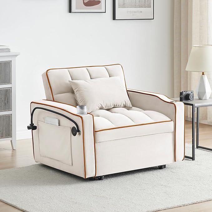 3 in 1 Convertible Sleeper Chair Modern Pull Out Couch Bed Single Recliner with Adjustable Back Velvet Futon Folding Sofa Bed Chair for Living Room Bedroom Small Spaces (Creamy White-2)