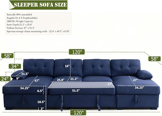 asunflower Sleeper Sofa Sectional Couch with Double Storage Chaise 120-Inch Pull Out Couch for Living Room Apartment U Shaped Easy to Assembly 4-5 Seater Sofa Bed (Navy Blue)