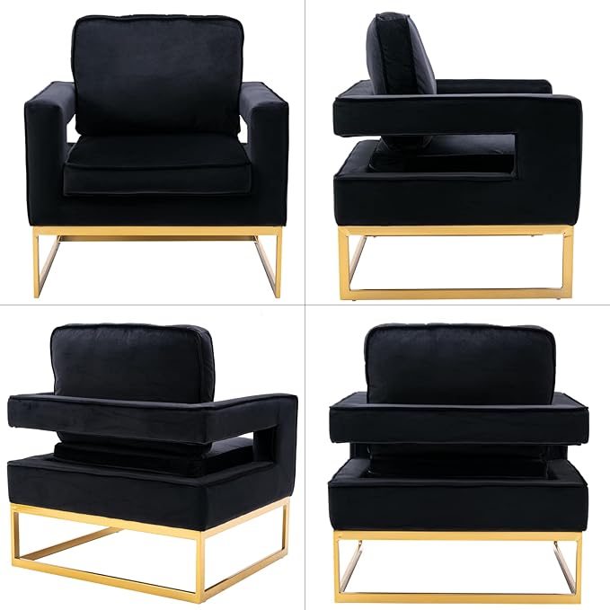 LukeAlon Elegant Velvet Accent Club Chair Upholstered Armchair with Gold Metal Legs Modern Single Sofa Chair Comfy Reading Chair with Open Back for Living Room Bedroom Black
