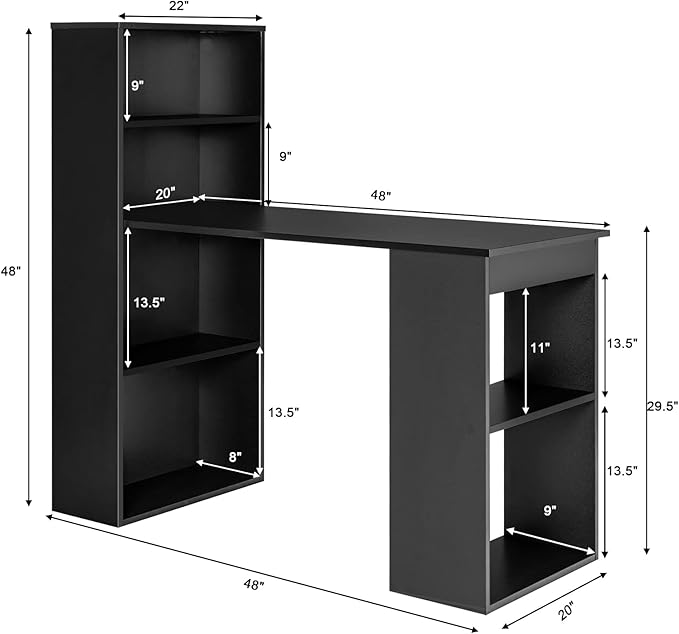 Computer Desk with Bookcase 48” Modern Writing Table Desk with Storage Shelves and CPU Stand Reversible Study Workstation for Home Office Bedroom (Black)