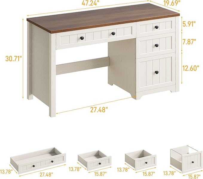 Farmhouse Executive Desk with File Drawer Home Office Desk with 4 Drawers Wood Computer Desk with Storage Rustic Office Desk for Work Study Writing Brown White