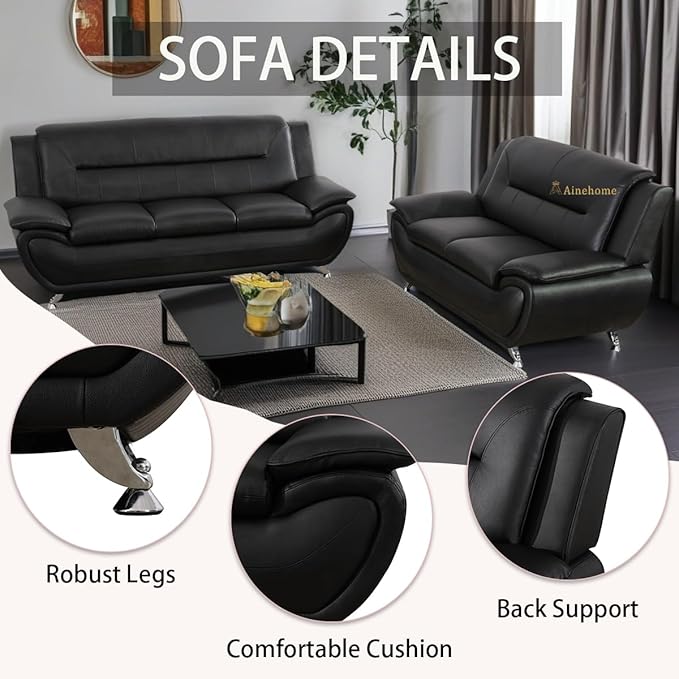 A Ainehome Sectional Sofa Sets Living Room Furniture Sets Modern Faux Leather Sofa Couch 5-Seat Sofa for Living Room(A-Black Sofa+Loveseat)