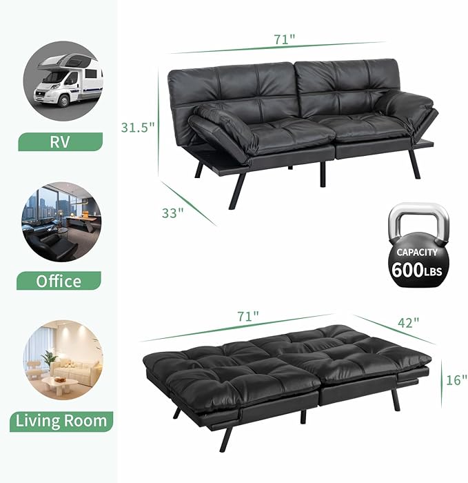 MUUEGM 71 Futon Sofa Bed Convertible Couch Filled with Memory Foam Modern Loveseat with Adjustable Backrest&ampArmrest Sofas for Living RoomGame RoomDormitoryOffice.Matte Black Leather