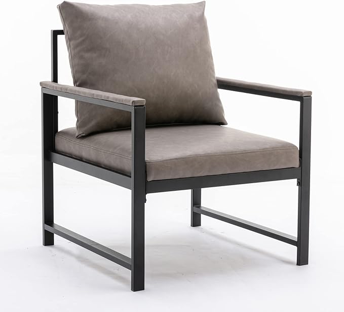 FurnitureModern Faux Leather Accent Chair with Black Powder Coated Metal Frame Single Sofa for Living Room Bedroom Gray
