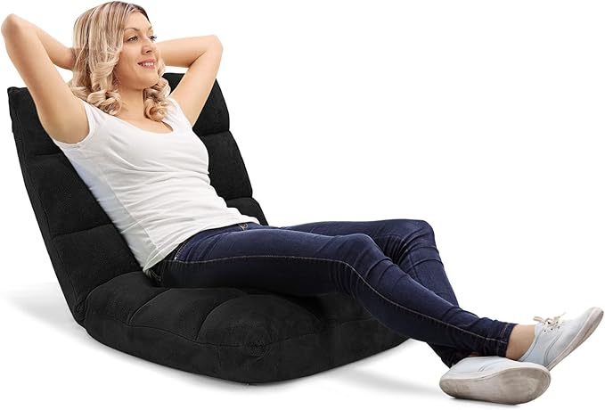 KOMFOTT 14-Position Adjustable Floor Chair With Back Support Folding Padded Gaming Sofa for Reading Meditation Living Room Lazy Lounge Video Gaming - Black