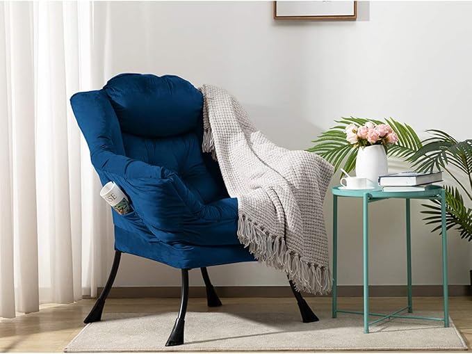 HollyHOME Lazy Chair with Armrest and Side Pocket Comfy Accent Lounge ChairLeisure Sofa Armchair for Living Room Bedroom Dorm or Small Spaces Oversized Reading Sofa ChairVelvet Royal Blue