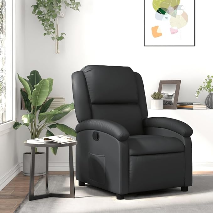 vidaXL Recliner Chair - Black Real Leather Manual Reclining Function Comfortable Seating with Solid Wood and Metal Frame for Office or Living Room