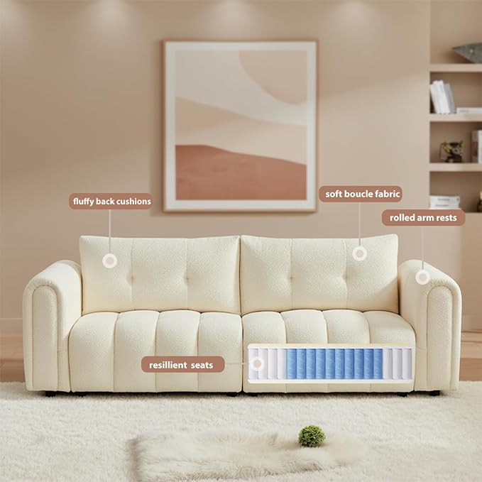 91.5 W Cloud Boucle Sofa for Living Room Modern Comfy Boucle Couch with Rolled Arms and Soft Pillows Teddy Oversized Loveseat for Apartment Studio Bedroom Cream White