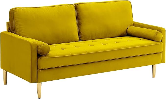 65'’ Velvet Upholstered Loveseat Sofa with Gold Metal Legs Modern Tufted Backrest Couch Solid Wood Frame for Living Room BedroomApartmentOfficeSmall Space (Yellow)