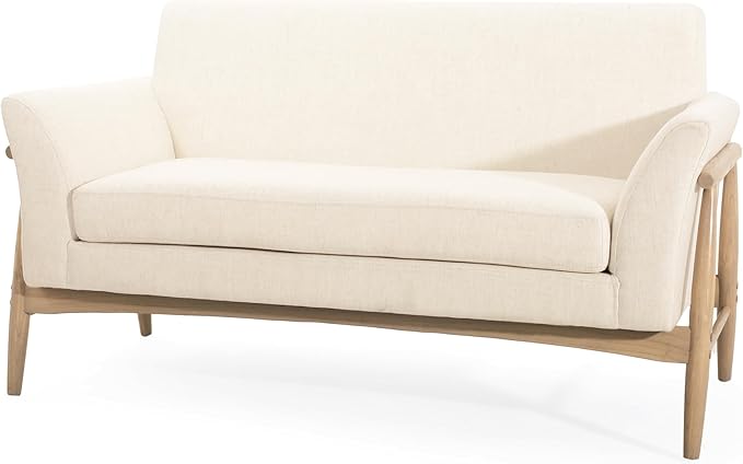 Christopher Knight Home Canna Fabric Flared Arms Loveseat Comfy Upholstery 2 Seater Sofa Wooden Frame Living Room Chair Soft Seating Lounge Sofa for Bedroom/Office Beige + Natural