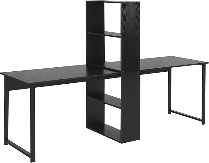 HOMCOM 88 Extra Long 2-Person Computer Desk with Storage Shelves Combo Double Workstation Storage Study Writing Table for Home Office Bookshelf Black