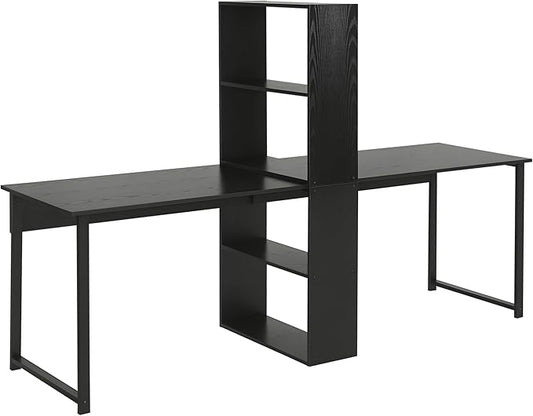 HOMCOM 88 Extra Long 2-Person Computer Desk with Storage Shelves Combo Double Workstation Storage Study Writing Table for Home Office Bookshelf Black