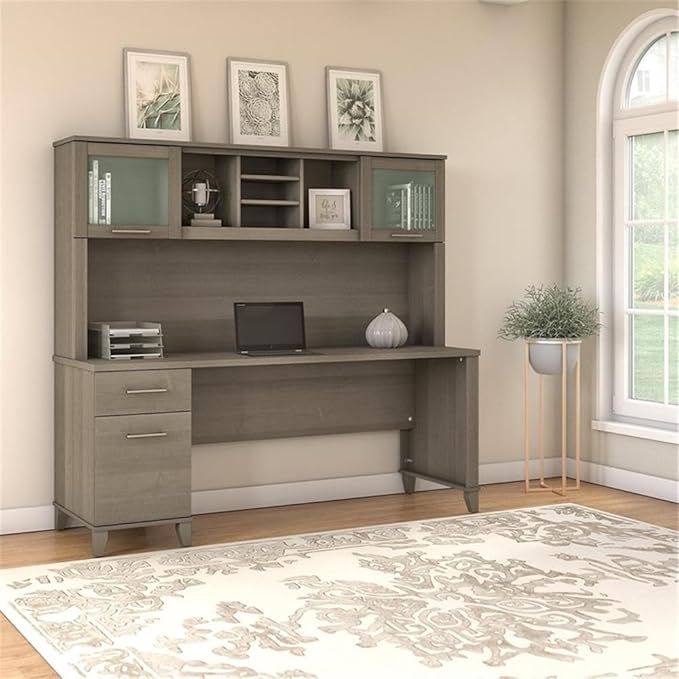 Pemberly Row Modern 72W Office Desk with Hutch Frosted Glass Doors Wire Management Adjustable Shelves Full-Extension File Drawer Spacious Desktop Home Office Storage Solution