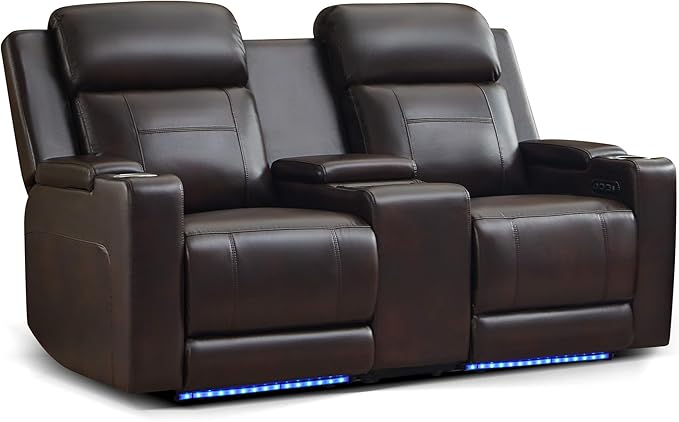 Power Reclining Loveseat with Console Power Loveseat Recliner Sofa with Adjustable Headrest/LED Light/Wireless Charging/Arm Storage Power Recliner Loveseat for Living Room (Brown 2 Seater)