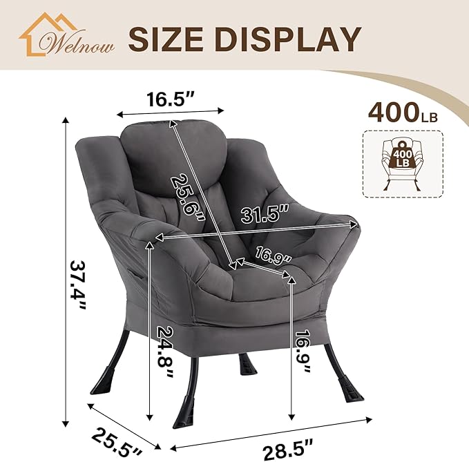 Welnow Lazy Chair for Living Room Modern Reading Accent Chair with Armrests and a Side Pocket Leisure Upholstered Lazy Sofa for Small Space Bedroom Dorm Dark Grey