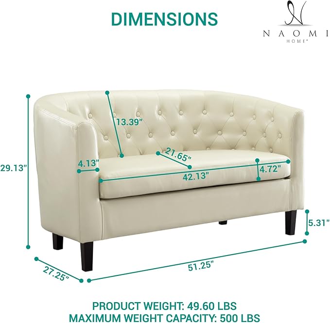 Emma Modern Loveseat Sofa – Faux Leather Love Seat Couch with Plush Cushions Solid Wood Frame Button-Tufted Design Stain-Proof Upholstery Small Loveseat for Bedroom Office &amp Small Spaces