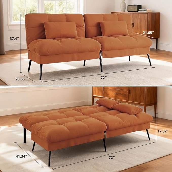 COMHOMA Convertible Sofa Bed68″Fabric Couch with Adjustable BackrestLoveseat Recliner Sleeper Living Room Furniture futon SetOrange
