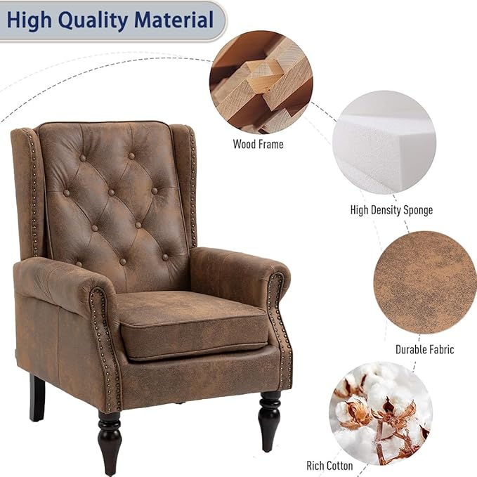 Mid-Century High Wingback Chair Set of 2Microsuede Accent Chair Armchair with ButtonsModern Living Room Chairs with Rivet DecorationLeisure Single Sofa Chair for BedroomHome Reception (Coffee)
