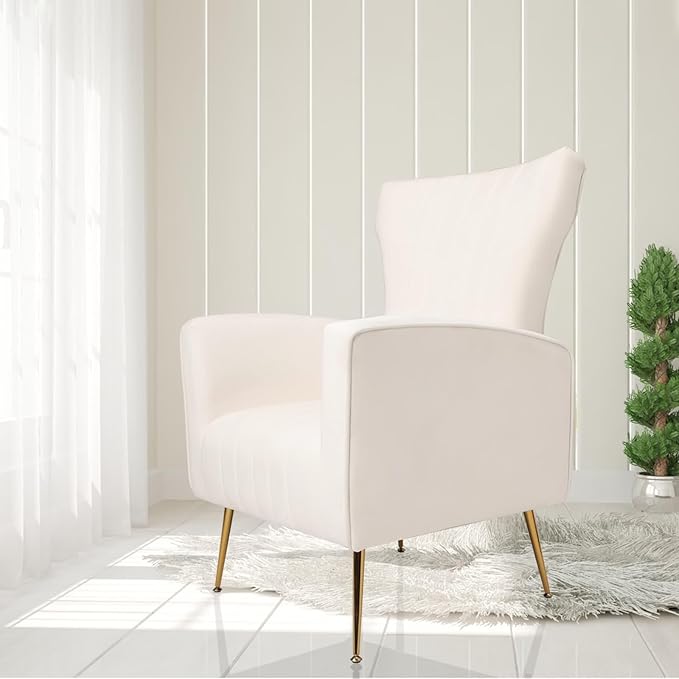 Velvet Accent Chair Wingback Arm Chair with Gold Legs Upholstered Single Sofa for Living Room Bedroom White